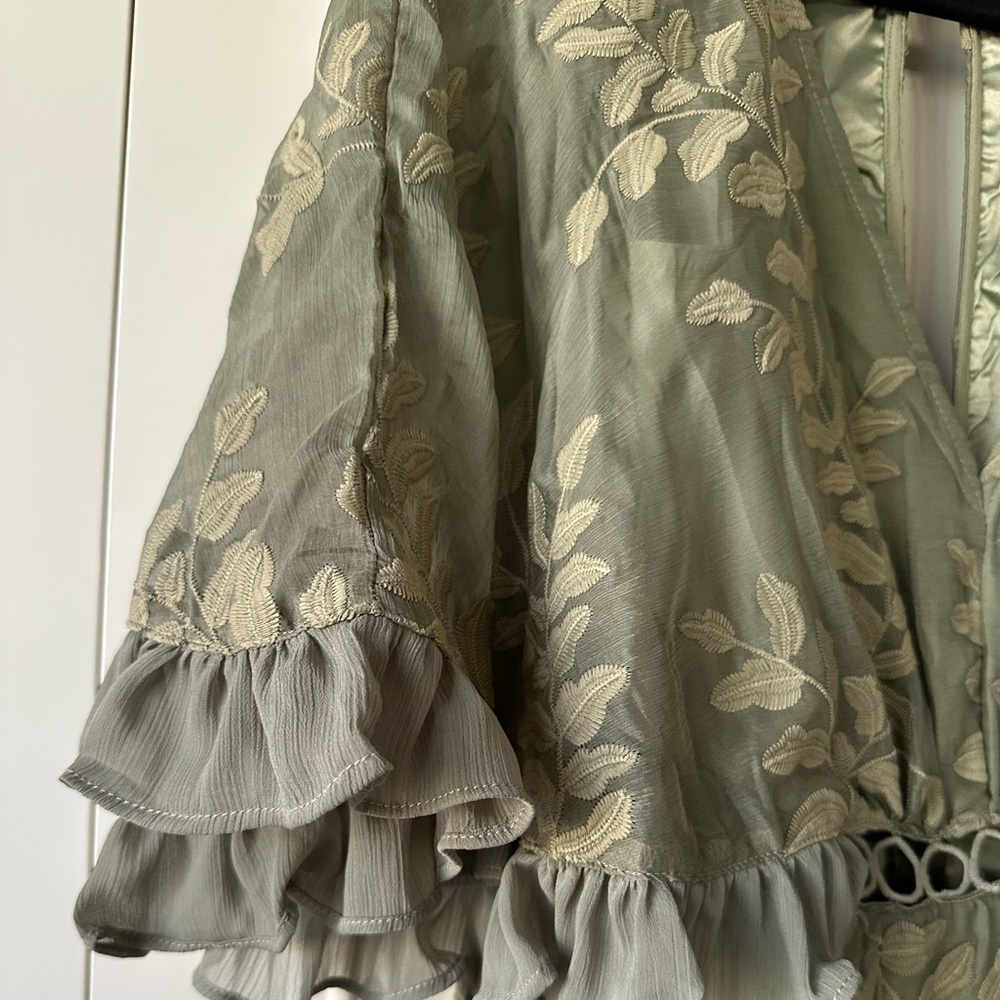 Saints + Secrets Embroidered Ruffle Mini Dress Sage Green, Size M - Picture 4 of 11